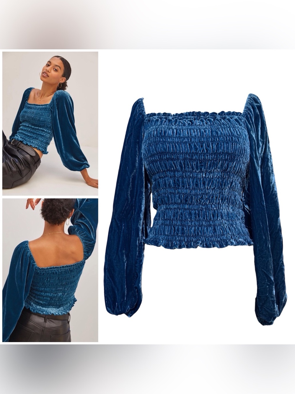 Anthropologie Blue Velvet Blouse Smocked Bodice Balloon Sleeve Small